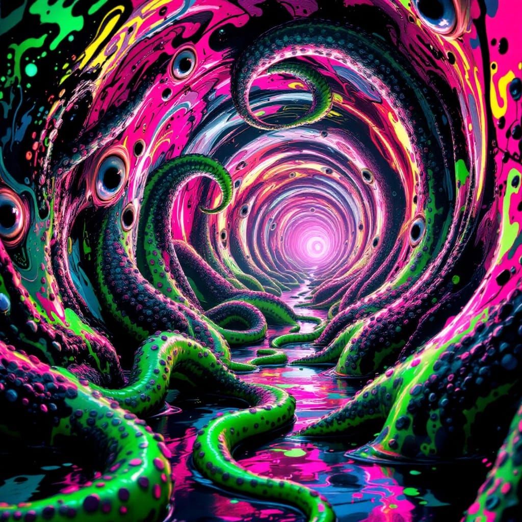 Endless Neon Tunnel of Acid Colors and Tentacles