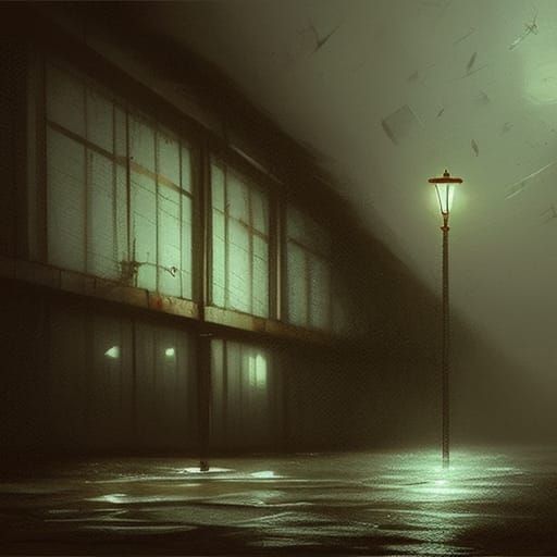 Eerie Glow Over Dilapidated Seaside Warehouse