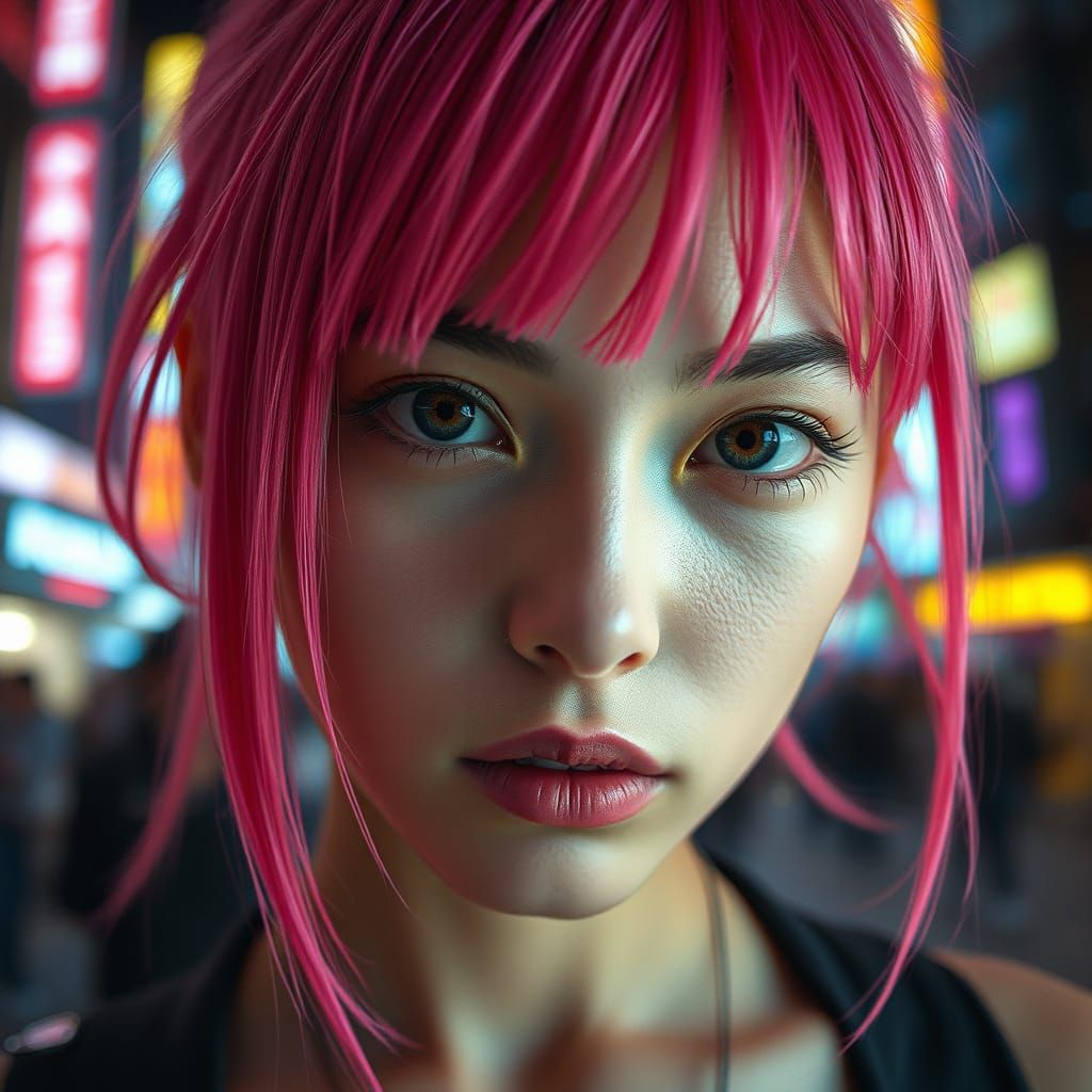 Pink-Haired Girl in Neo Tokyo Cyberpunk Portrait