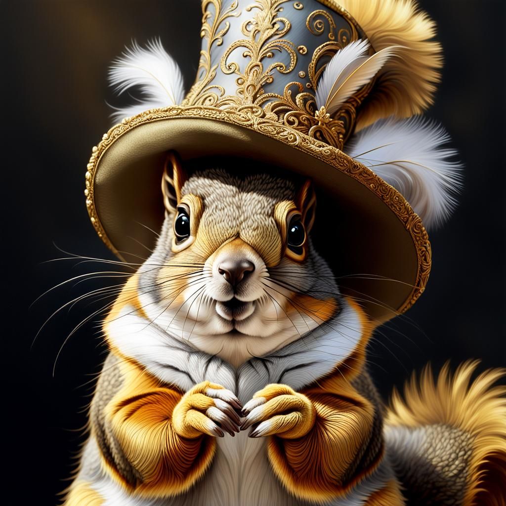 Squirrel in Golden Hat, Baroque Fantasy Portrait