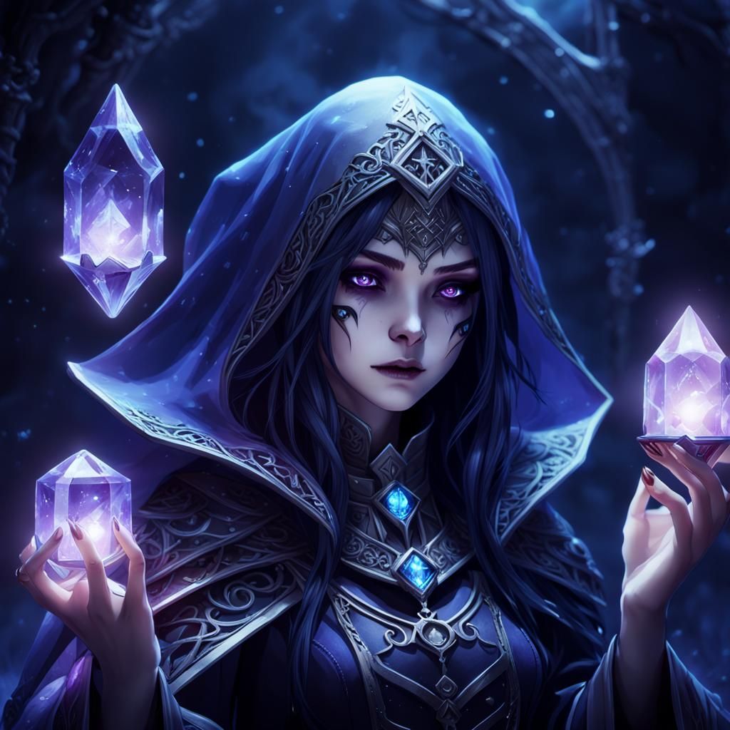 Mysterious Sorceress with Crystal in Dark Fantasy Anime Art