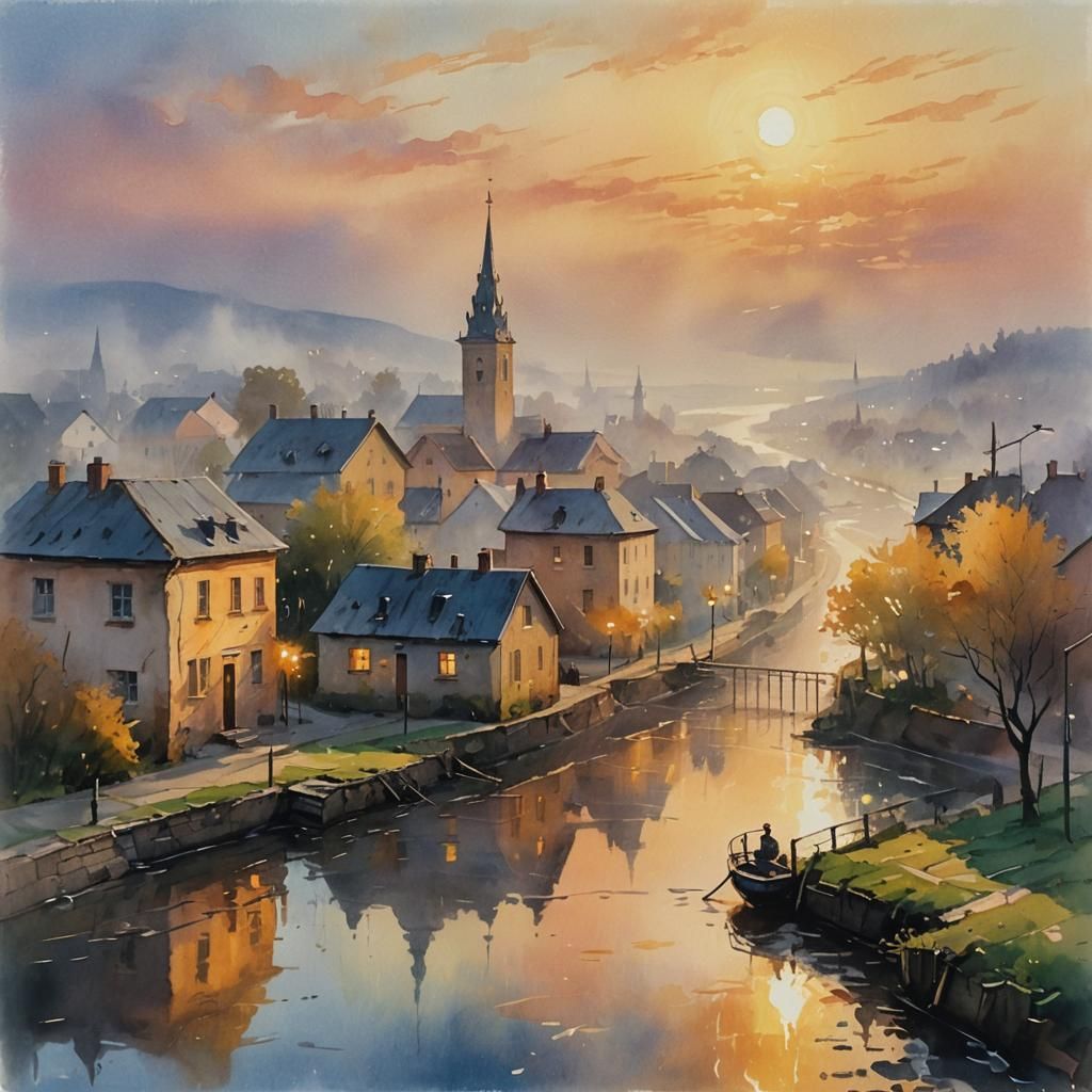 Golden Hour Fog in Town: Impressionist Gouache