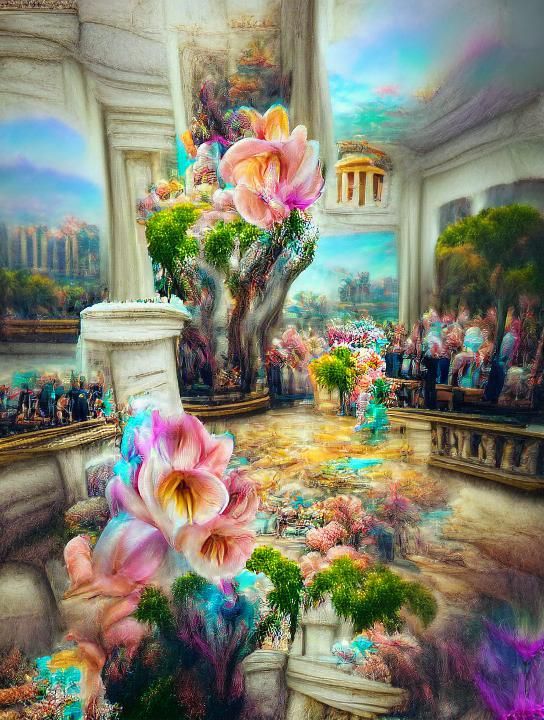 Renaissance Garden with Angels and Pastel Flowers