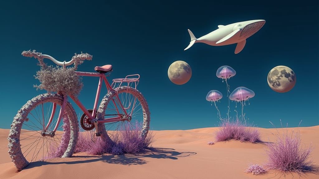 Surreal Sculpture of Bicycle, Moons, and Whale