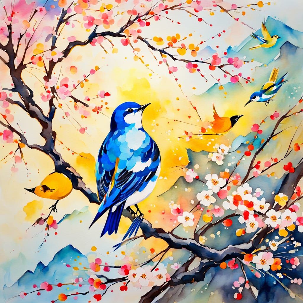 Abstract Blossom Tree and Bird Oil Painting