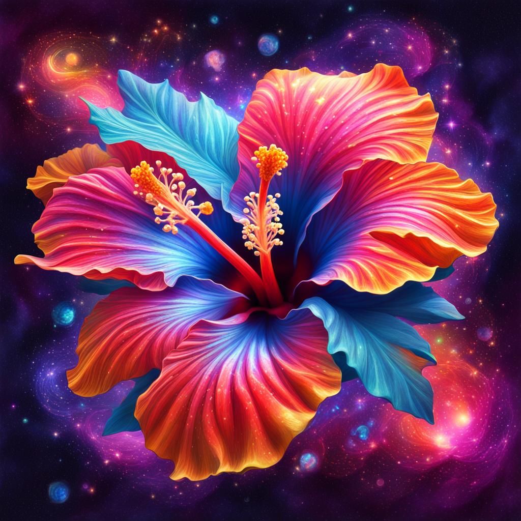 Holographic Cosmic Hibiscus Flower Illustration