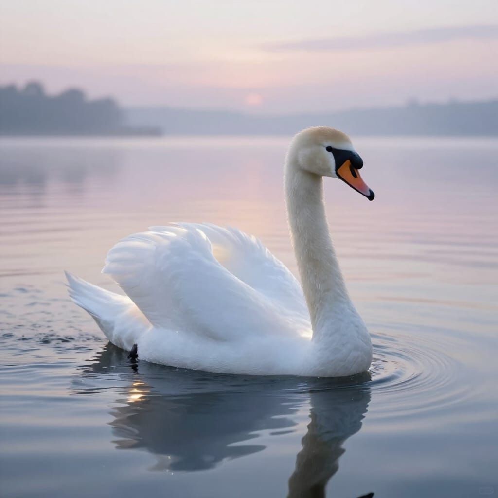 Angelic Swan Gracefully Swims in Tranquil Dawn Lake