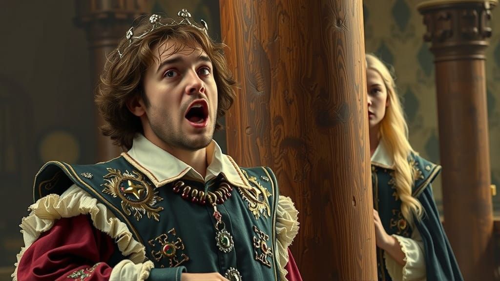 Shakespeare as King on Globe Stage, Cinematic Style