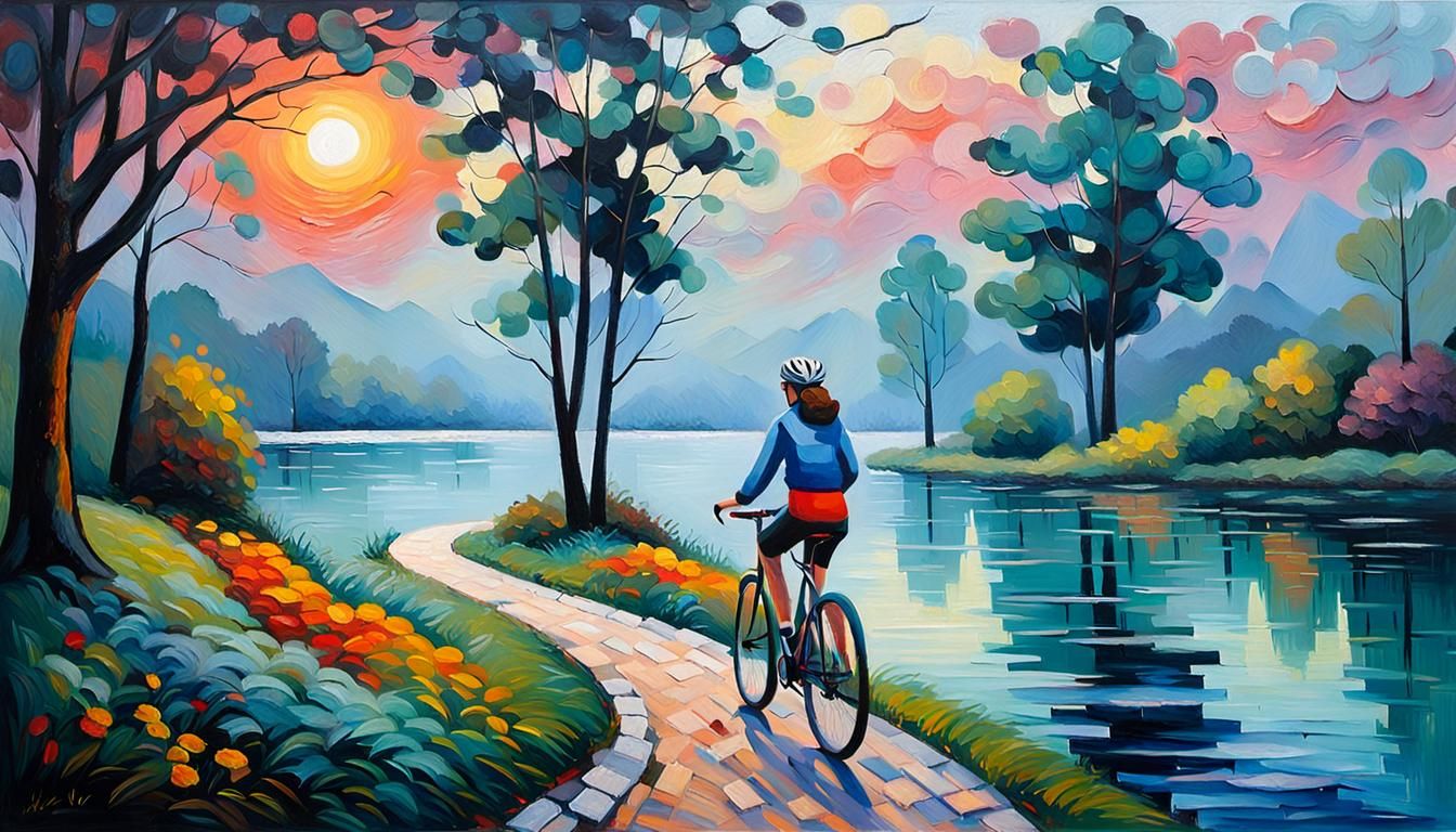 Woman Cyclist at Lake in Neo-Impressionist Style