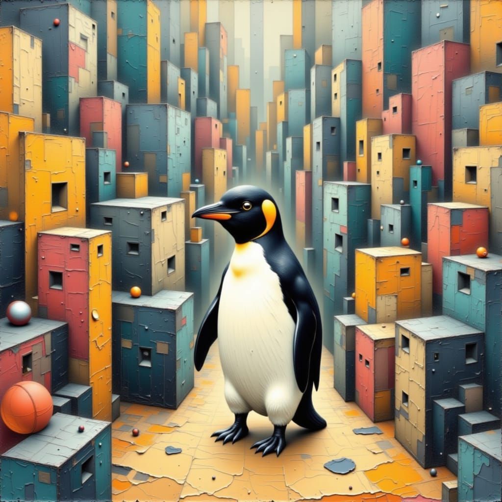 Abstract Cityscape with Penguin in Pop Art Style