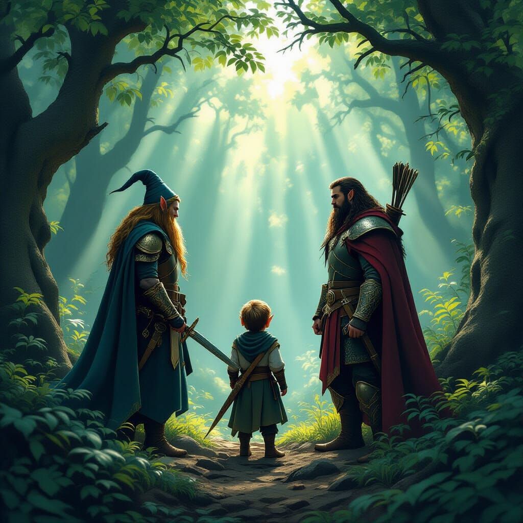 Middle Earth Warriors in Ancient Forest, Hyperdetailed