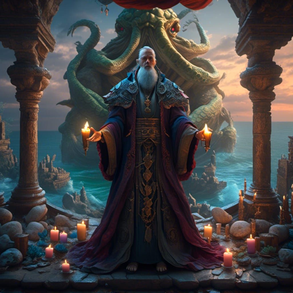 Tortle Priest in Stone Temple, Detailed Matte Painting