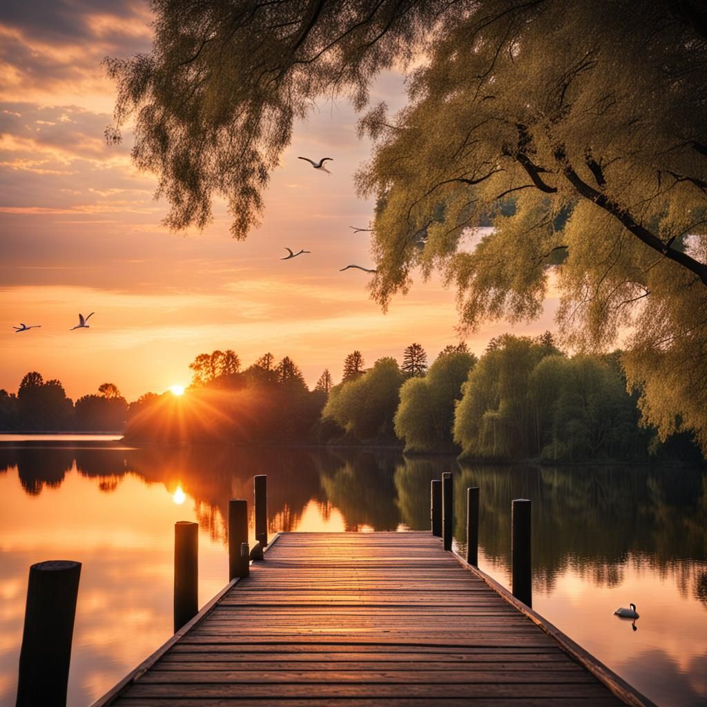 Glorious Sunset Over Lake with Swans: Photography