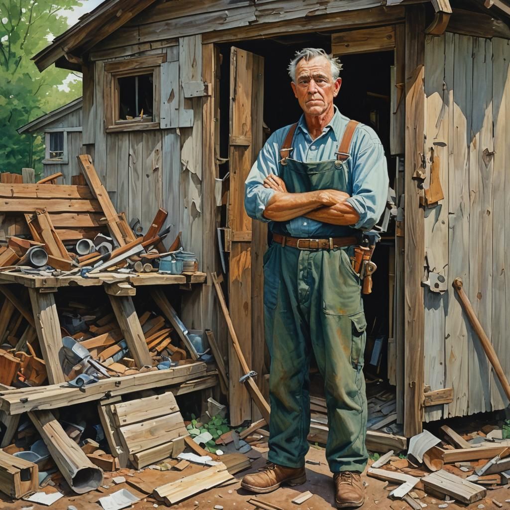 Carpenter and Tool Shed in Gouache Style