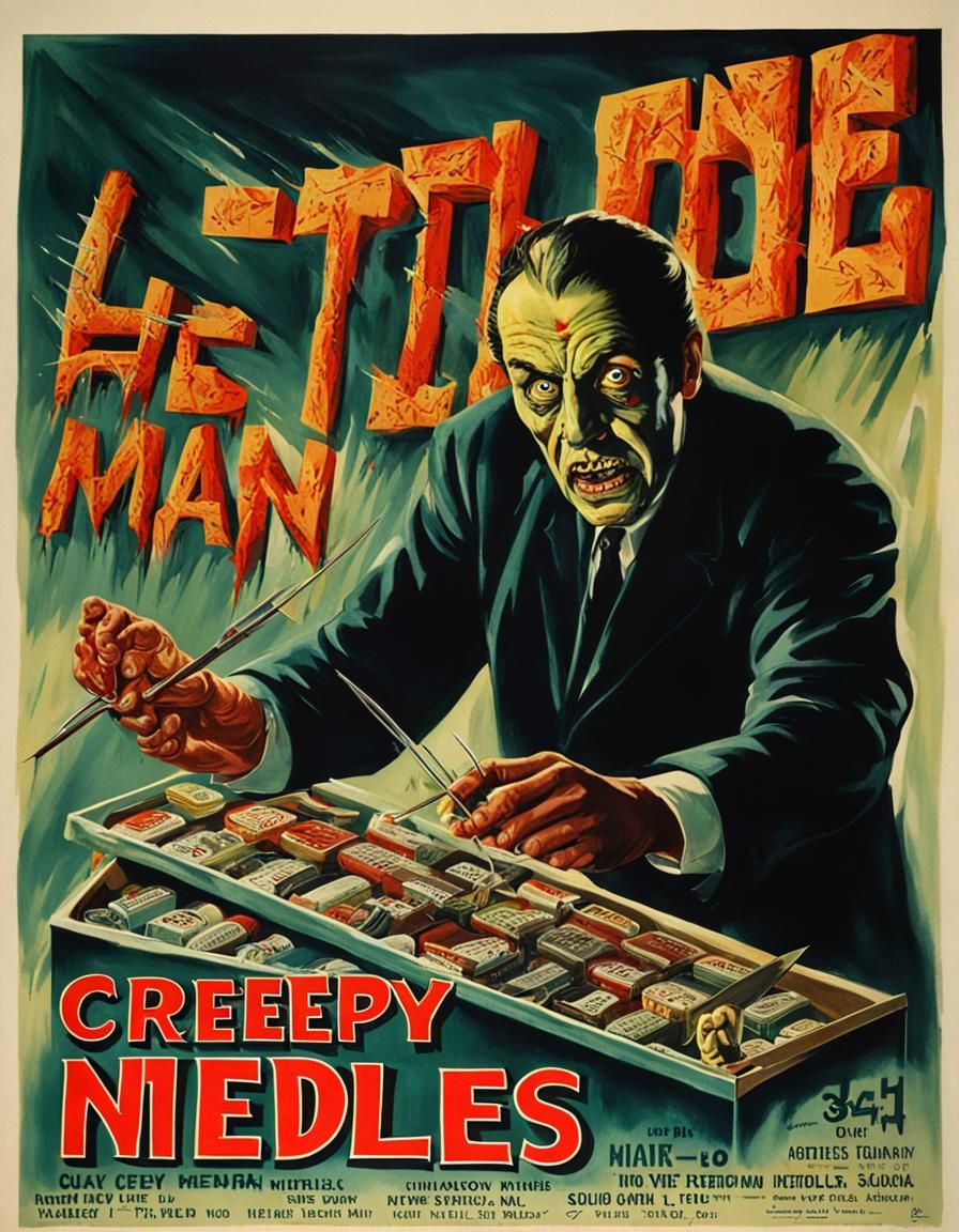 Creepy Horror Movie Poster: Man Selling Needles