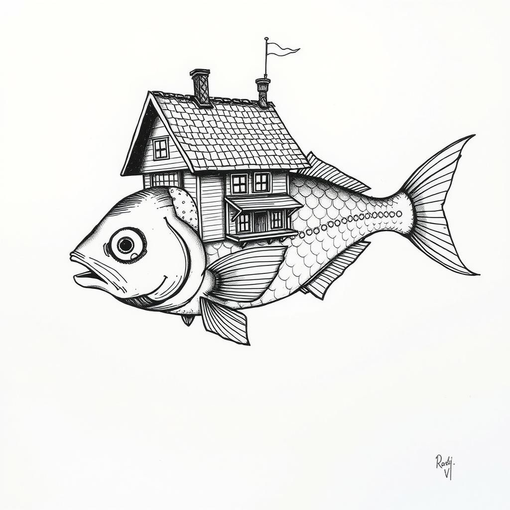House-Bearing Fish: Steampunk Pop Surrealism Ink Drawing