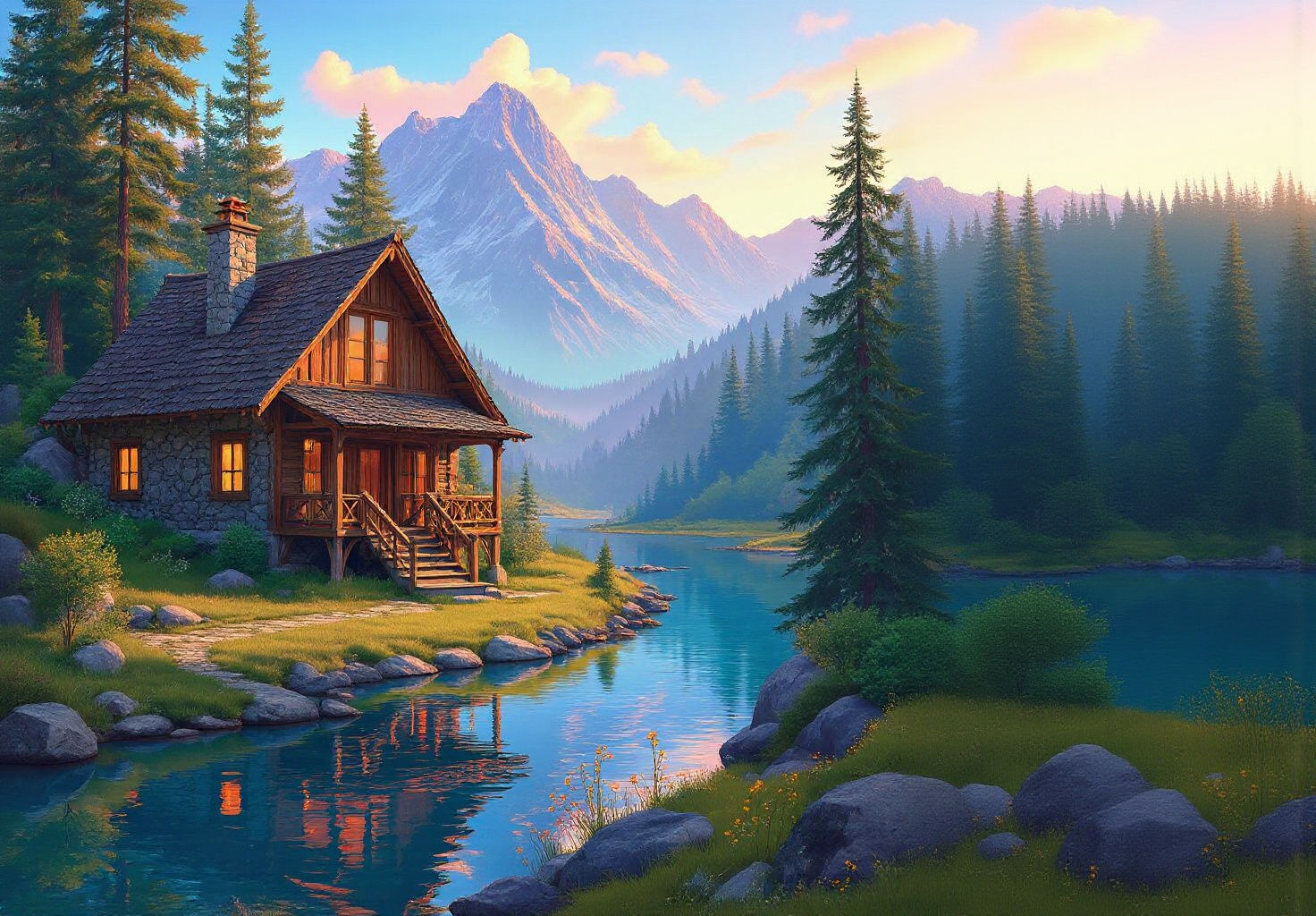 Riverside Cabin in Stylized Watercolor