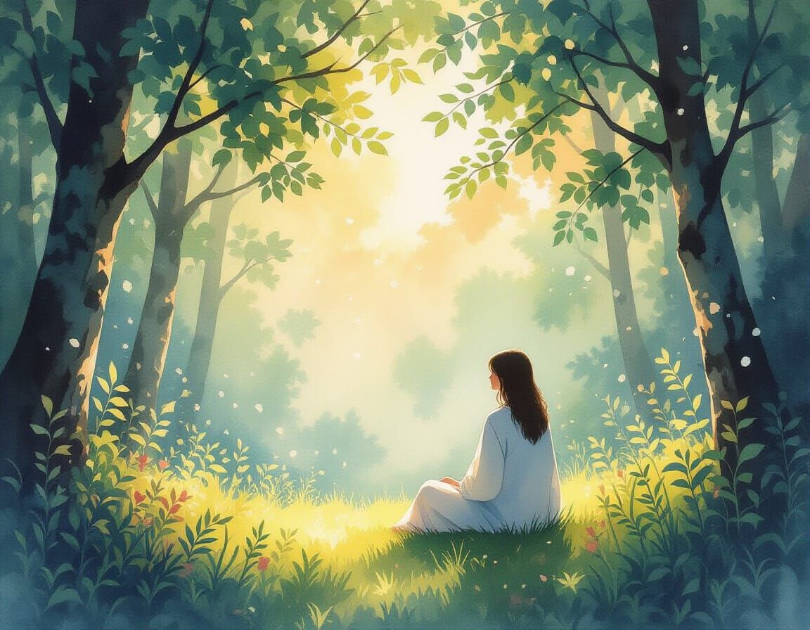 Serene Figure in Sun-Dappled Forest Clearing