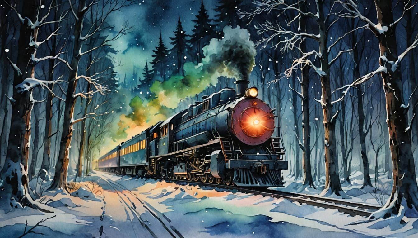 Fantasy Train Through Frozen Forest in Watercolor