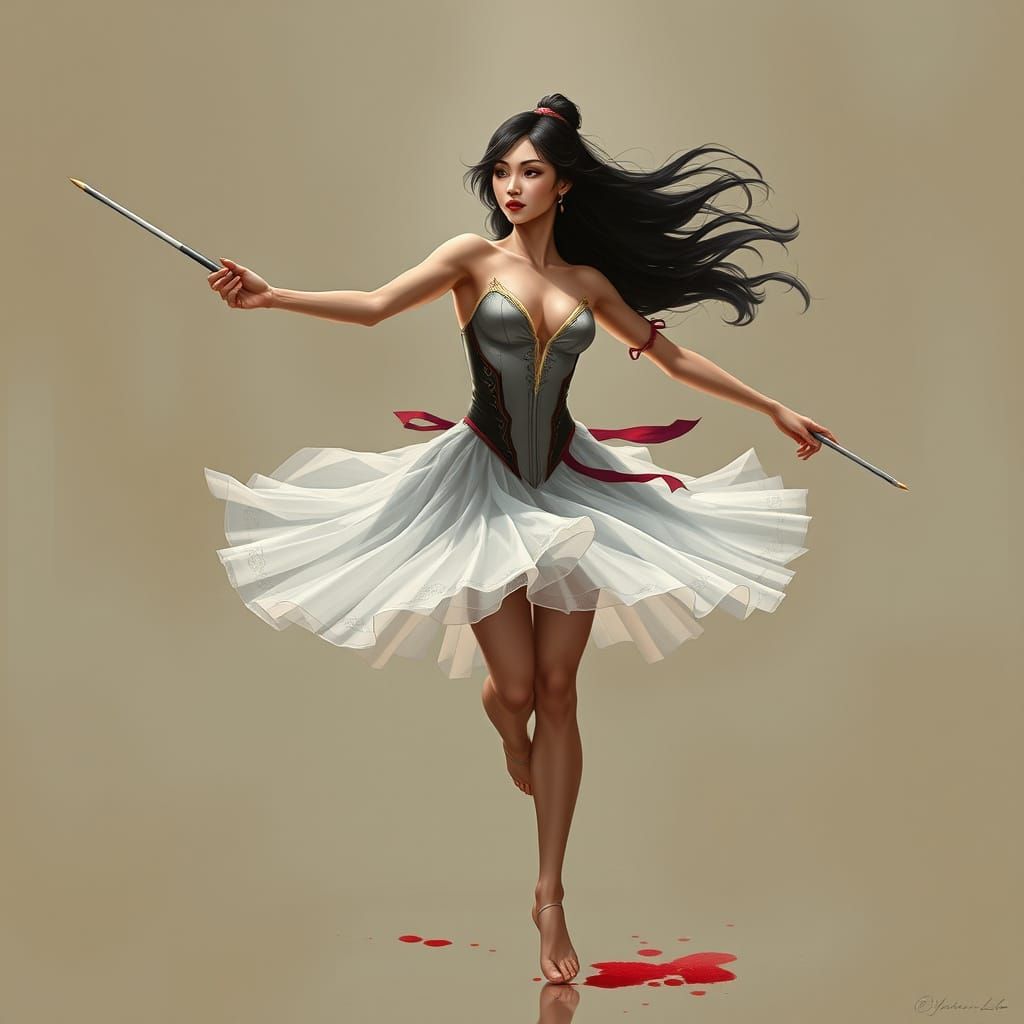 Ballet Assassin in Mid-Air, Blood Trailing