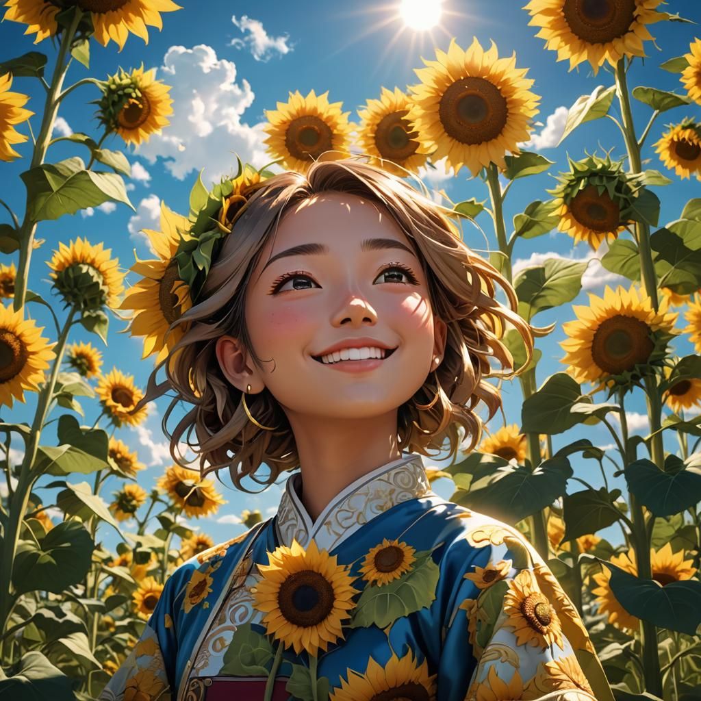 Anime Girl in Sunflowers: 3D Digital Art