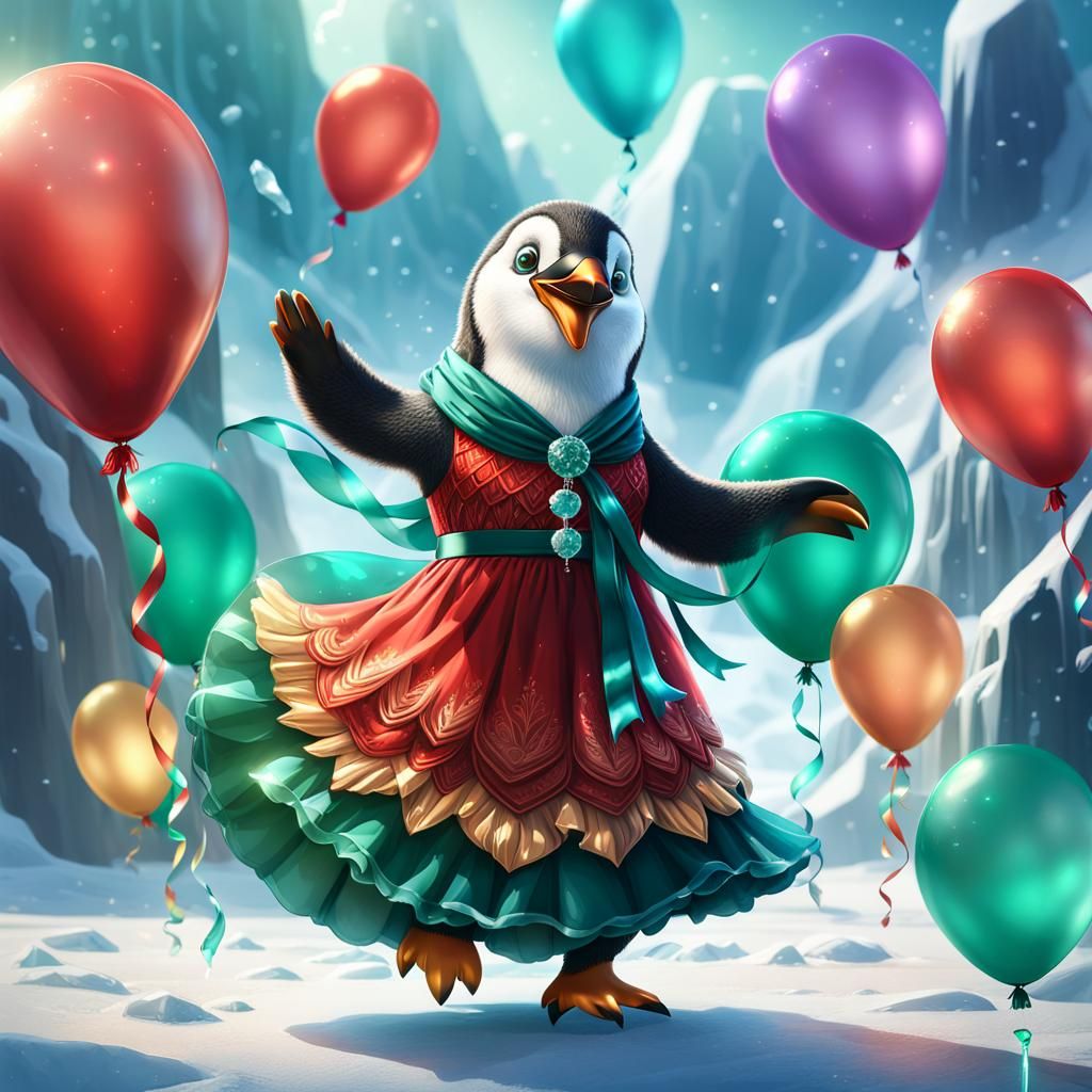Anthropomorphic Penguin with Balloons in Fantasy Art Style