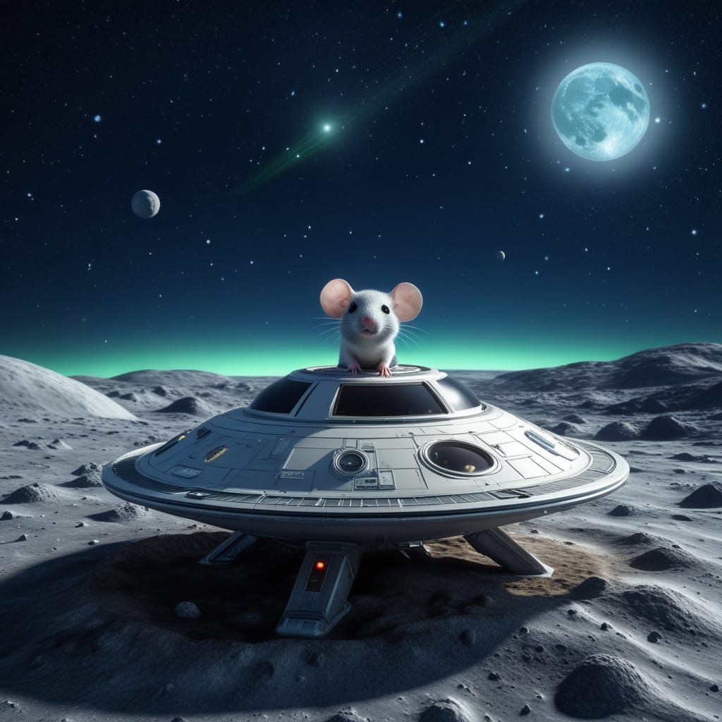 Hyperrealistic Chibi Mouse in UFO on Moon