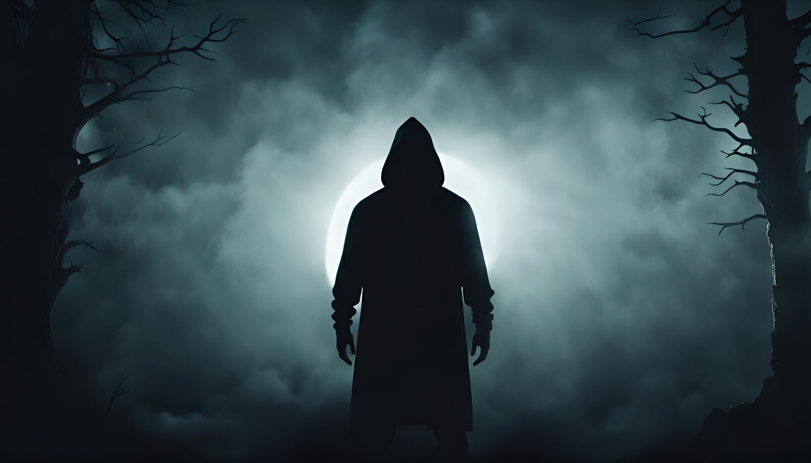 Scary Hooded Man Silhouette in Dark Horror Scene