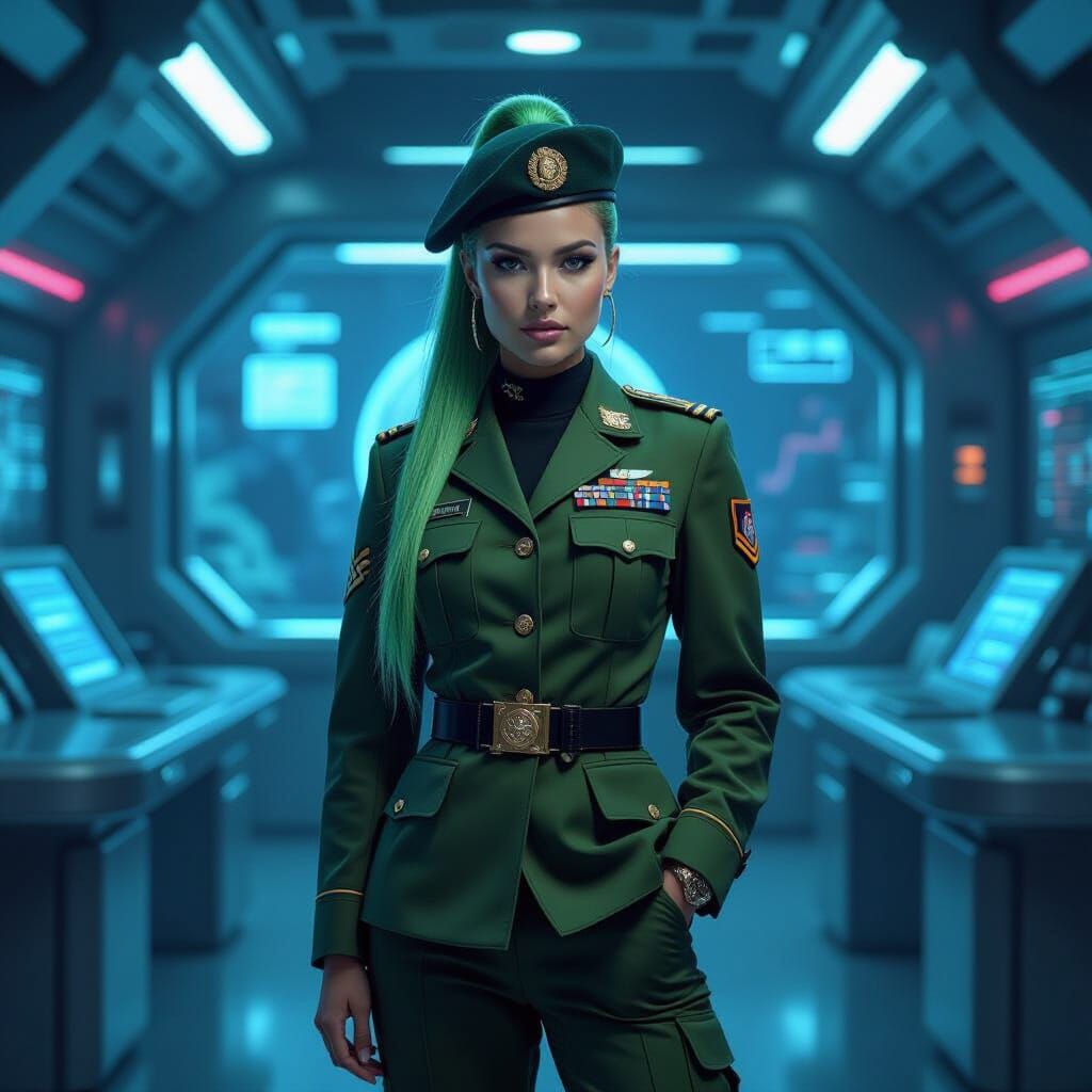 Woman in Tiger Stripe Uniform in Cyberpunk Command Center