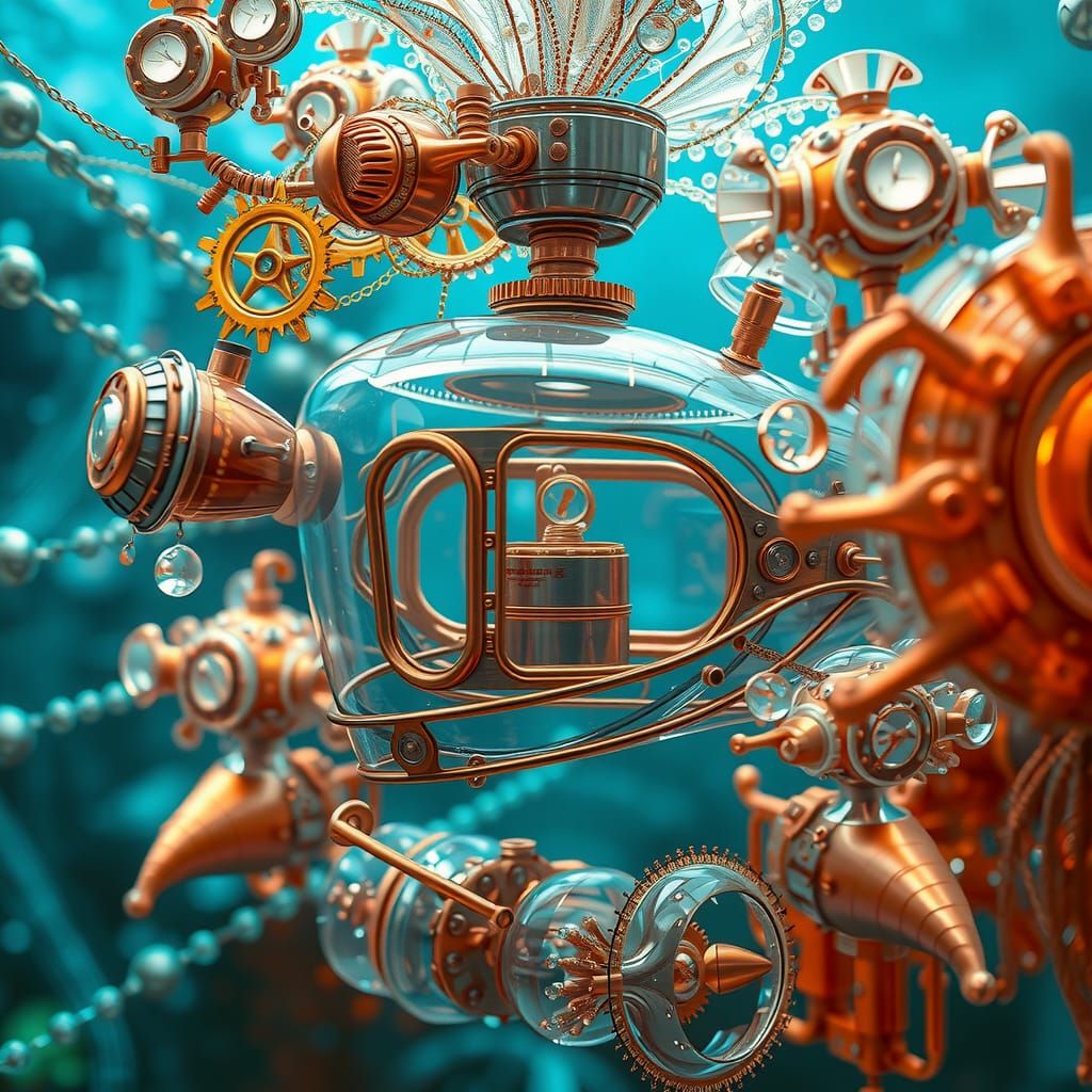 Steampunk Submarine Underwater with Fractal Details