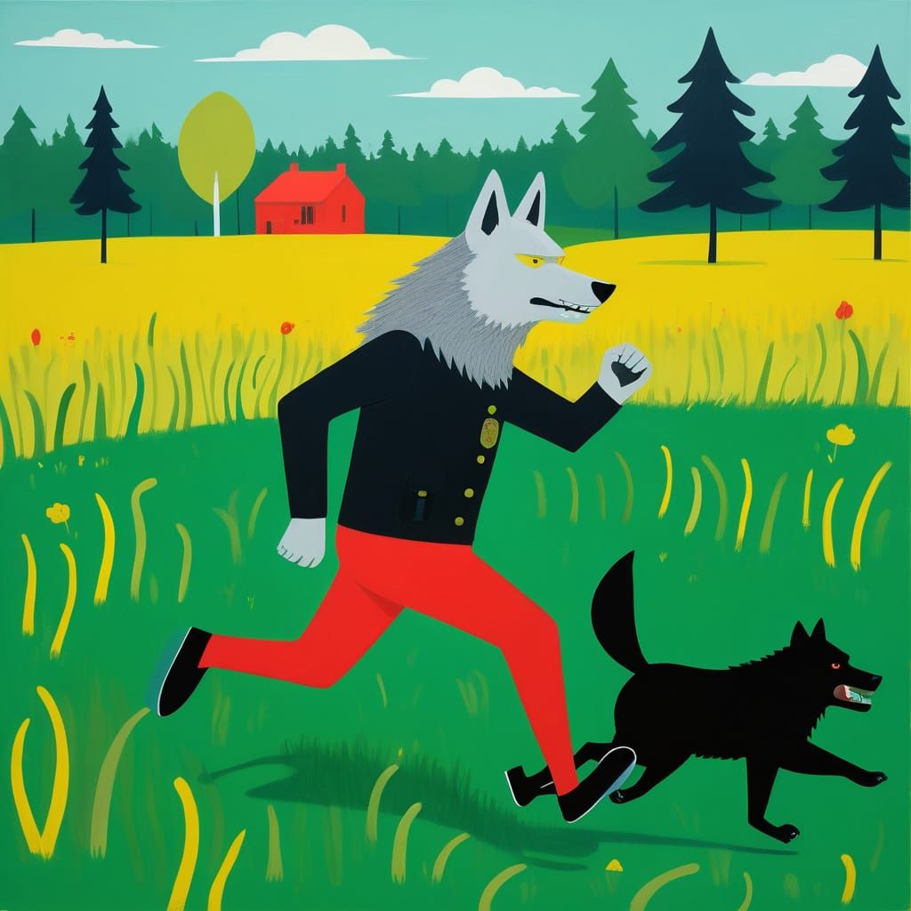 Anthropomorphic Wolf Runs from Yellow Bear in Whimsical Land...