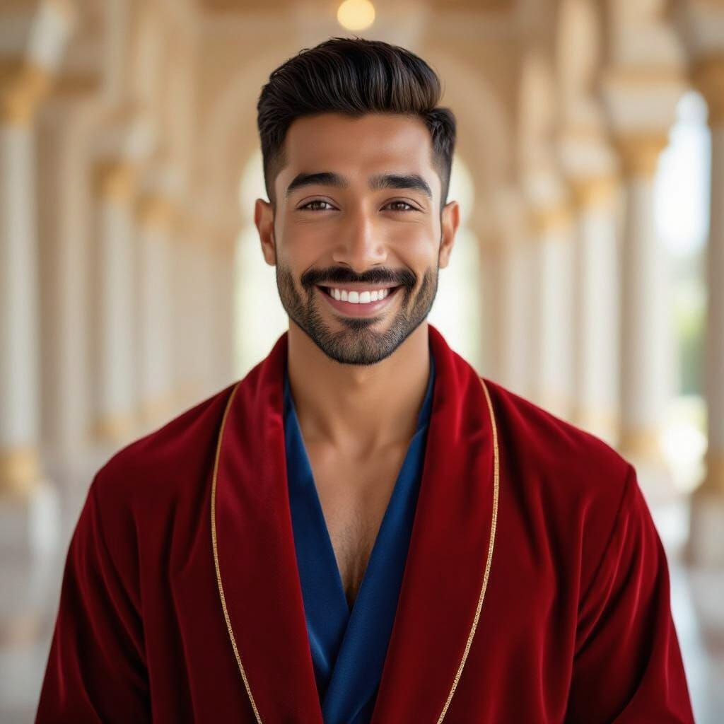 Joyful Man in Velvet Robe at Palace