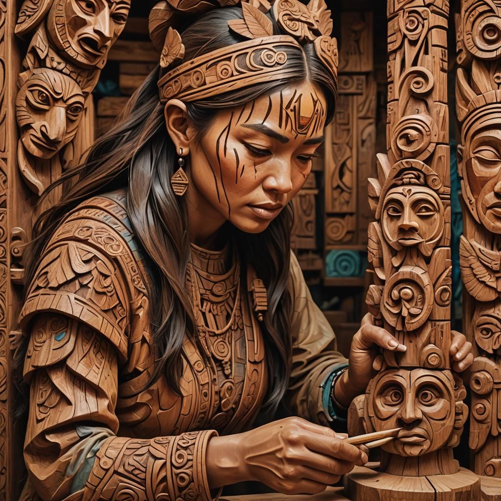 Detailed Wood Carver Creating Totem, Hyperrealistic Art