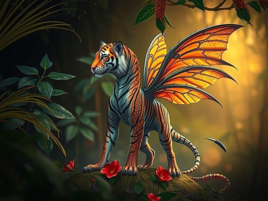 Majestic Fairy Dragon Tiger in a Lush Forest Scene