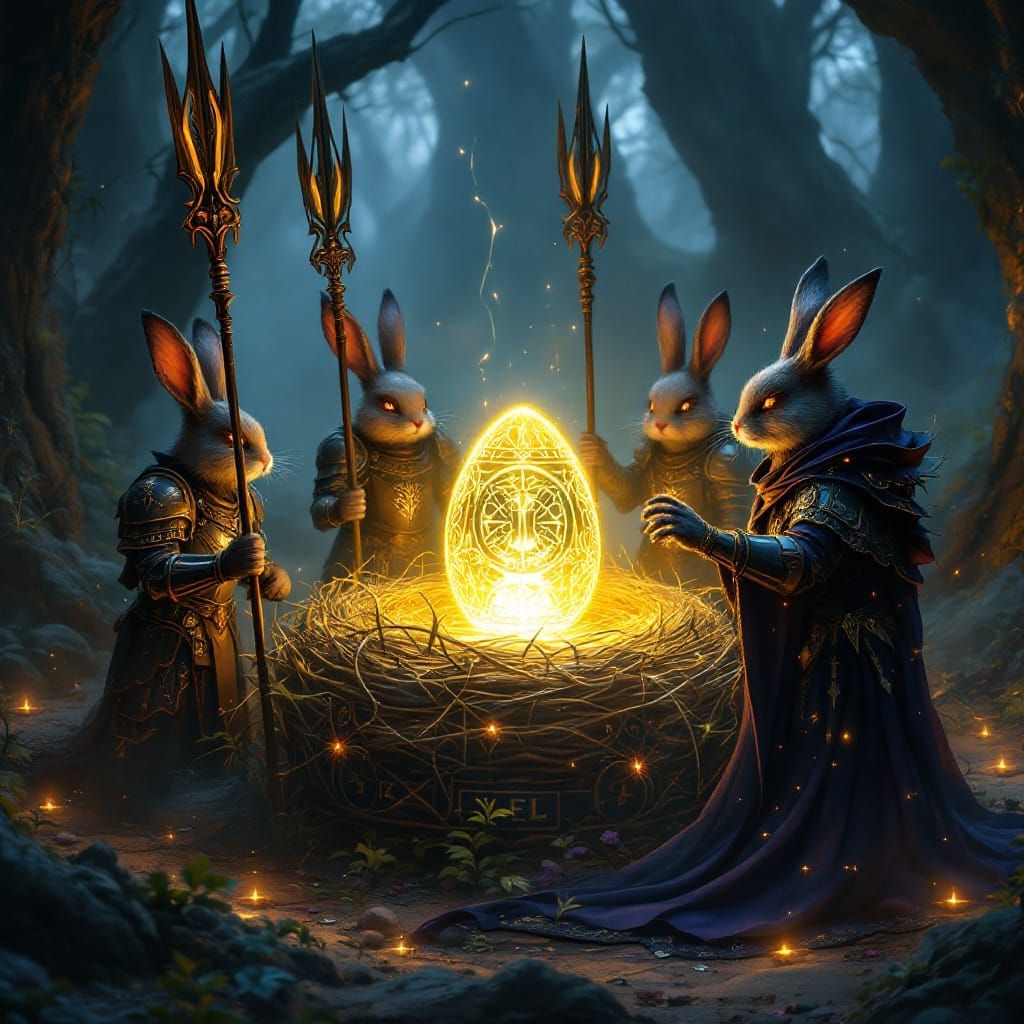 Mystical Easter Egg Guarded by Dark Fantasy Bunnies