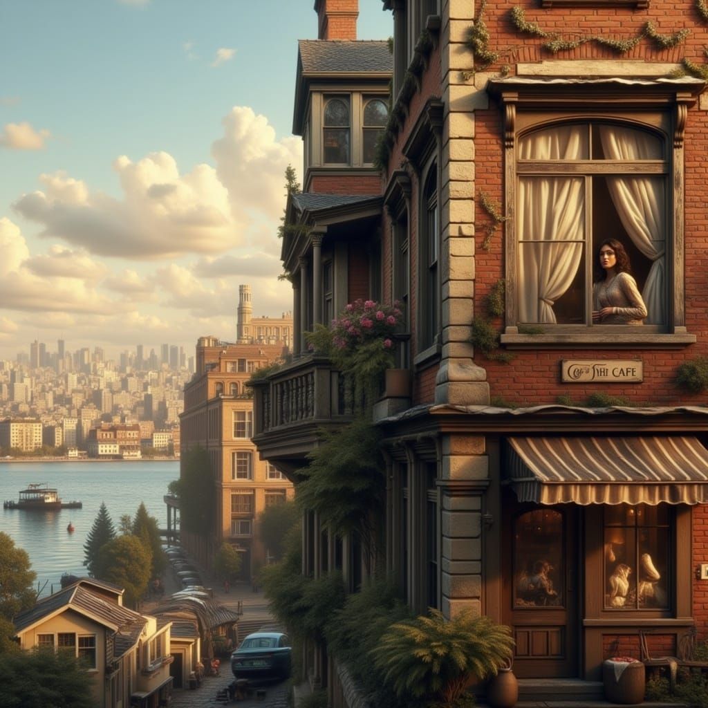 Superrealist Scene of Woman Gazing Out of Old Apartment Wind...