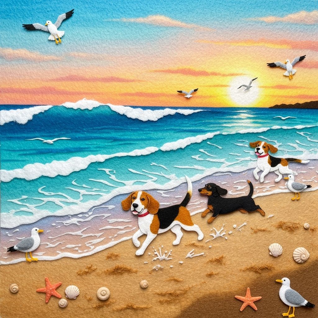 Dogs at the Beach in Felt Art Style
