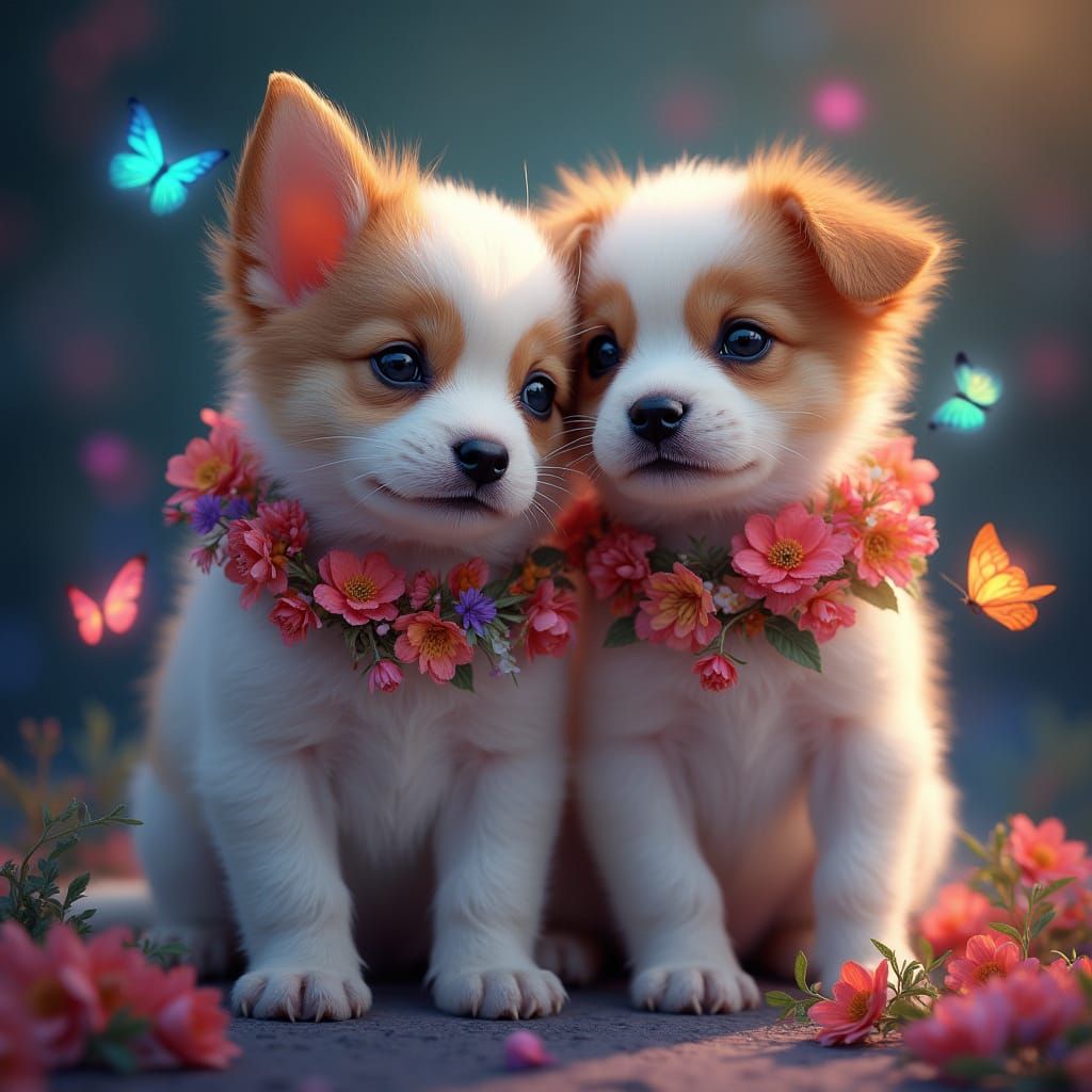 Papillon Puppies with Butterflies in Fantasy Realism