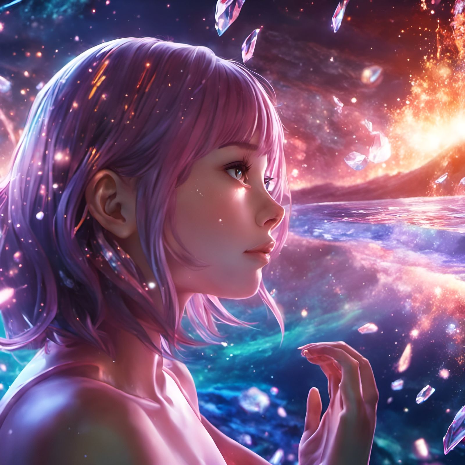 Anime Girl Galaxy Reflection in Crystal Waves