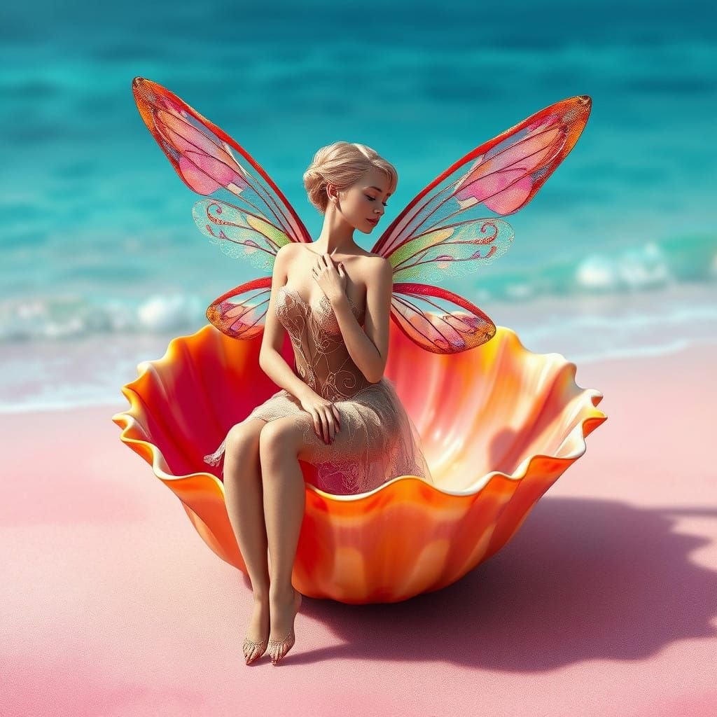 Multicolored Fairy in Seashell, Hyperrealistic Style