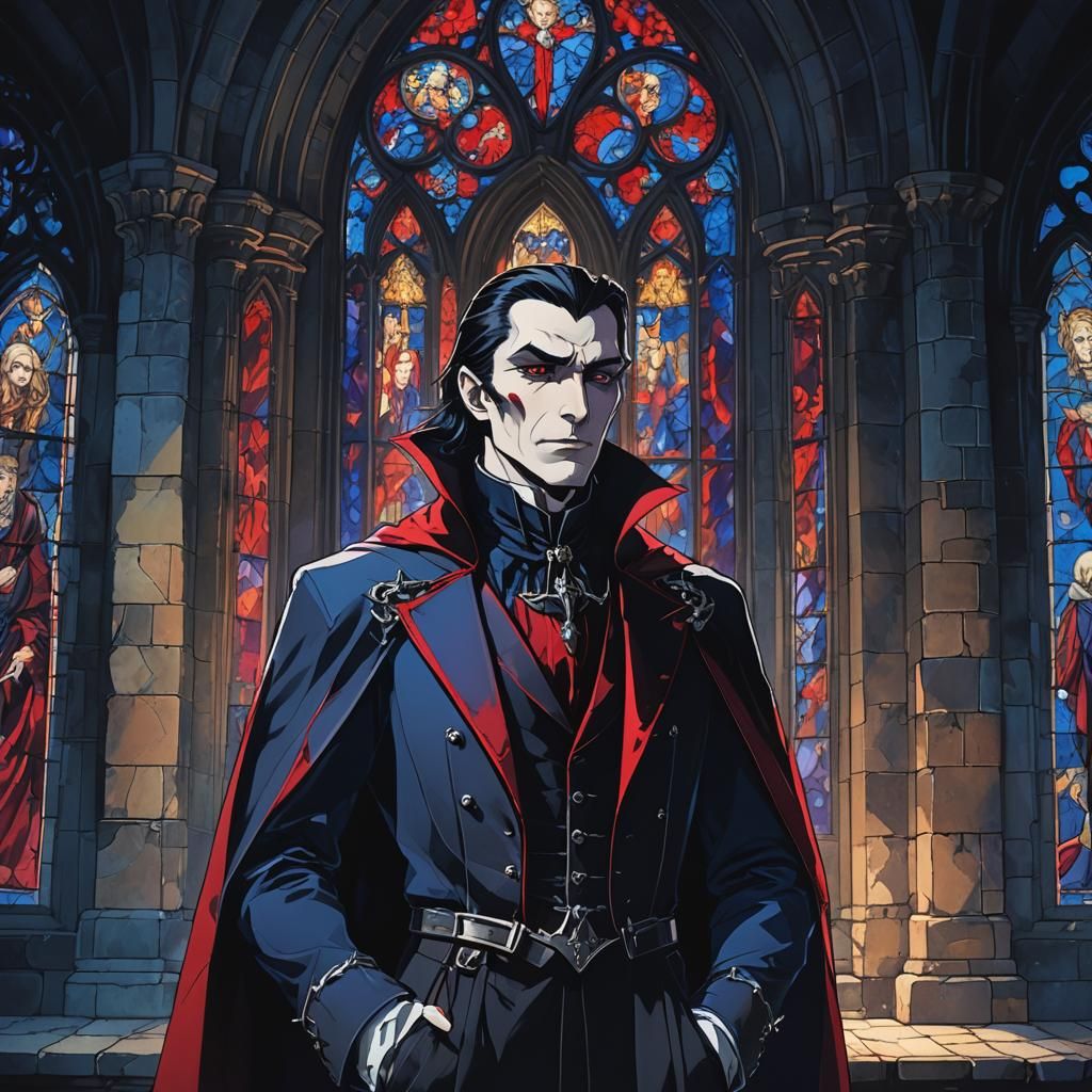 Gothic Anime Portrait of Dracula in Dark Castle