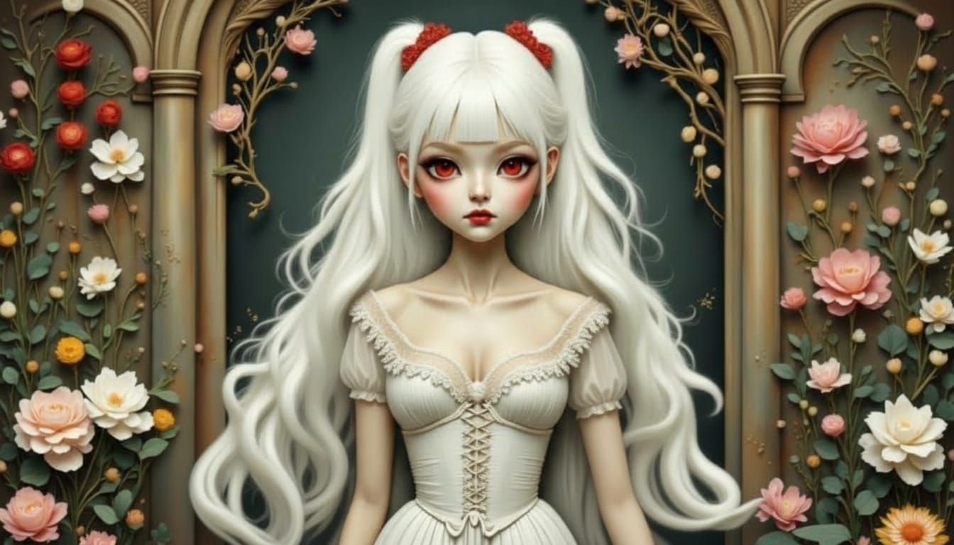 Solemn Girl in 18th Century Dress with Pale Aesthetic