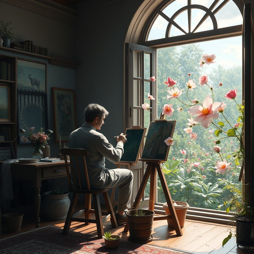 Fantasy Artist Paints Flying Flowers in Studio