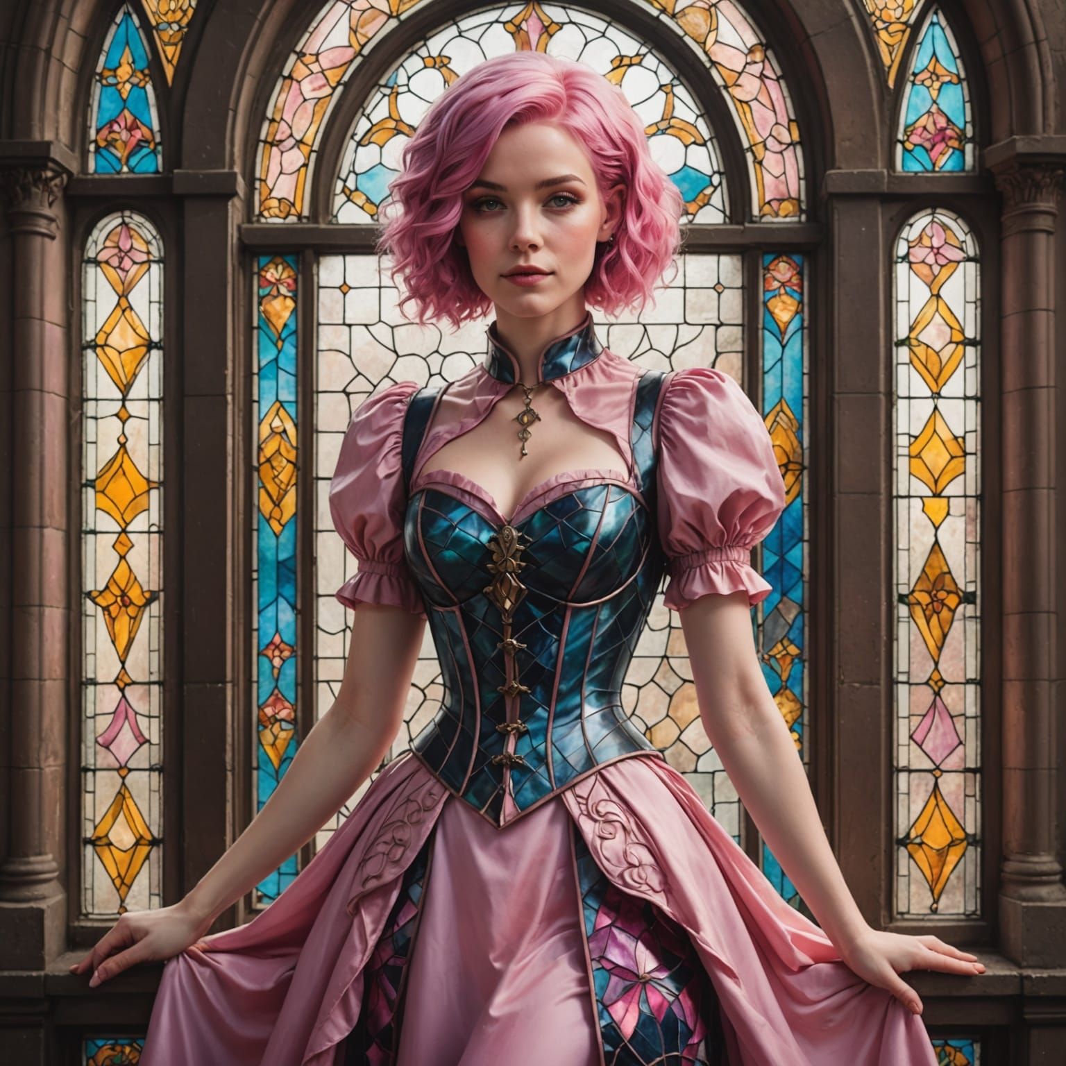 Fantasy Maiden in Pink Dress Stands Before Stained Glass Win...