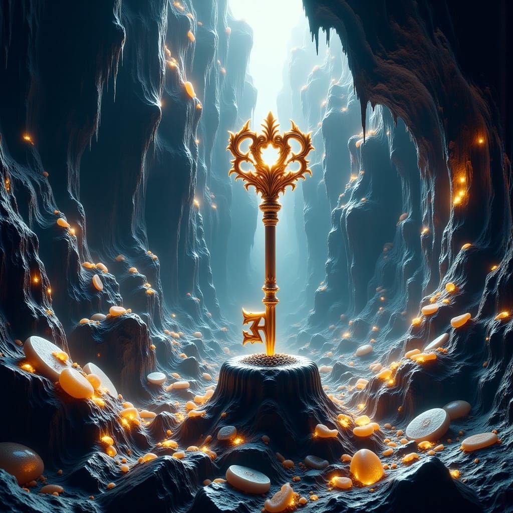 Ethereal Key Amidst Majestic Cave of Treasures