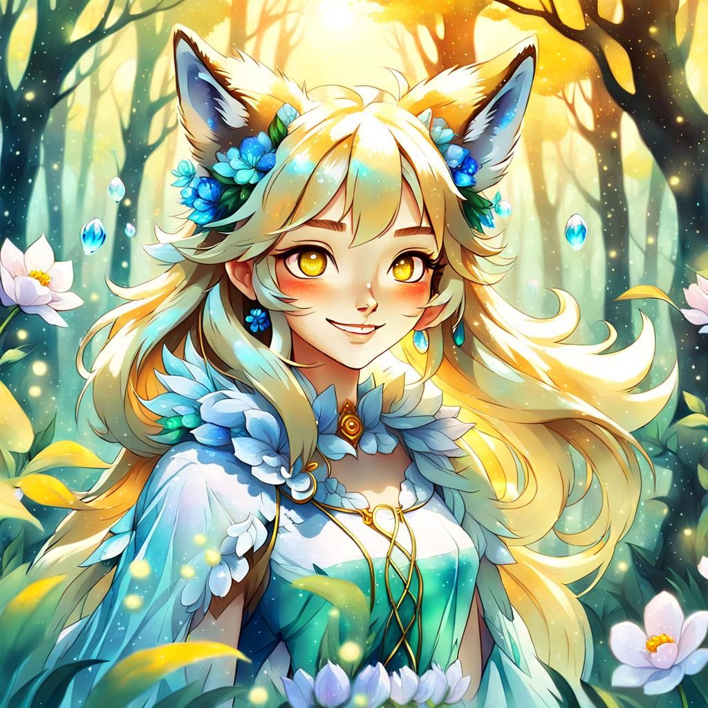 Anime Wolf Girl in Mystical Forest, Watercolor Style