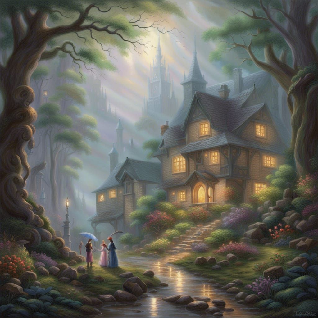 Sorcerers Duel in Rainy Forest, Ethereal Fantasy Art