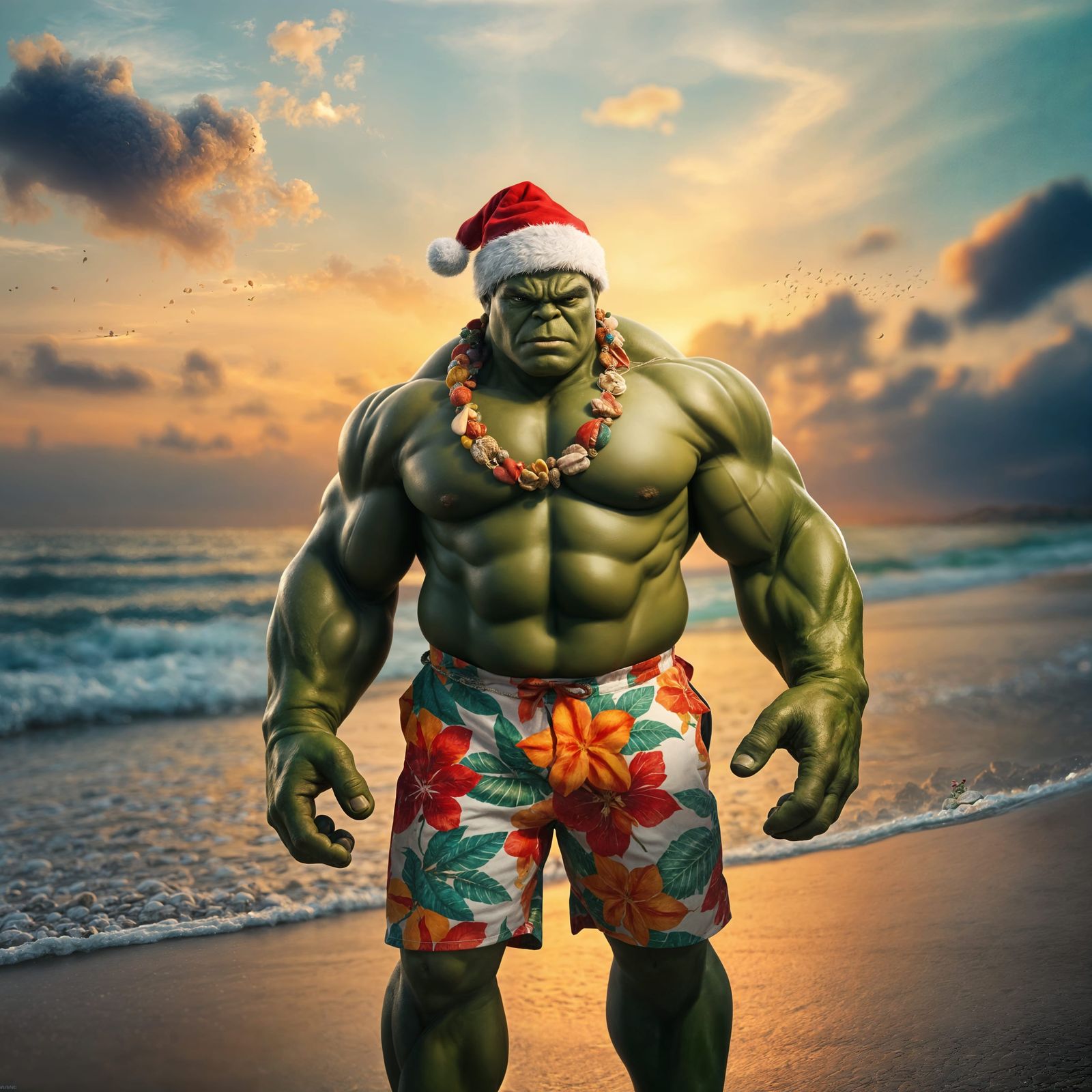 Hulk in Tropical Paradise with Seashell Necklace