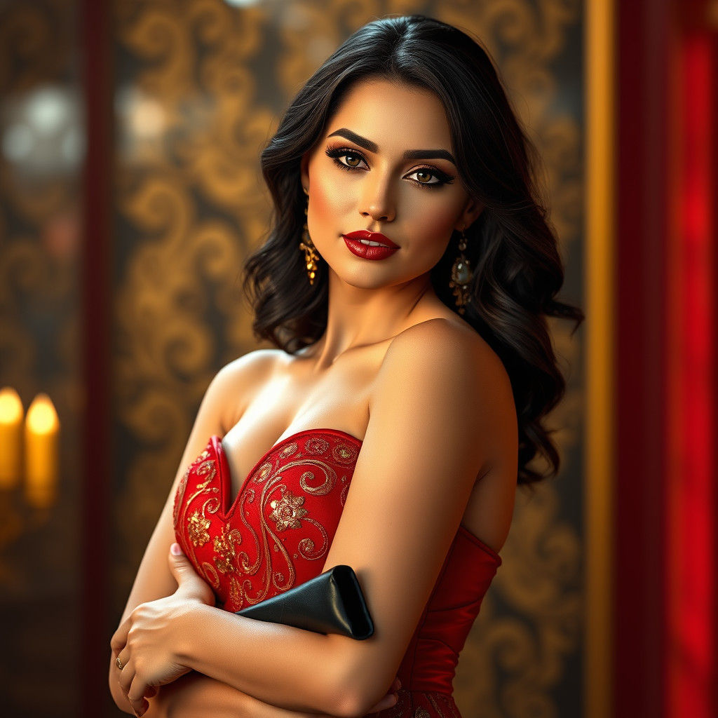 Glamorous Woman in Red and Gold Gown, Art Nouveau Style