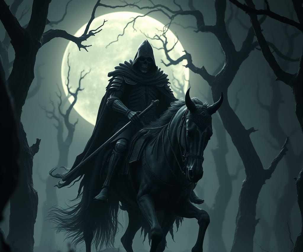 Skeletal Knight on Spectral Steed in Dark Forest